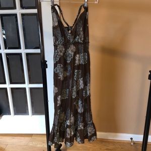 Brown halter dress with white and blue print